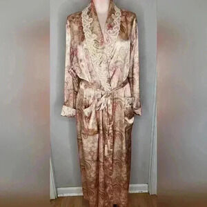 Cabernet Satin Floral Robe Lace Trim Rose Pink Womens Size Medium